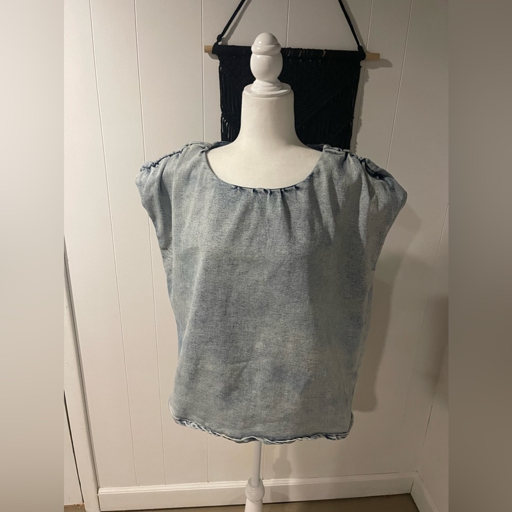 Acid wash denim padded shoulder top